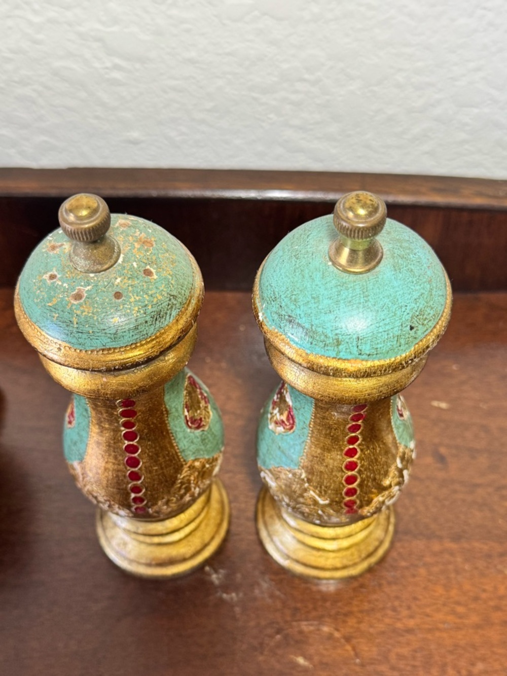 Vintage Florentine Teal Gold Gilt Pepper Mill & Salt Shaker Set- Italy - Picture 6 of 12
